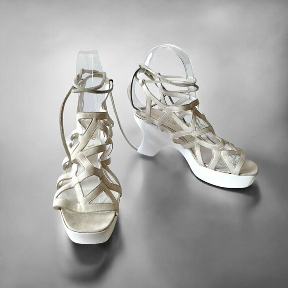 Vintage 80s Roger Vivier Caged Sandals on Platform Wedge, Off White Nubuk - Picture 3 of 16